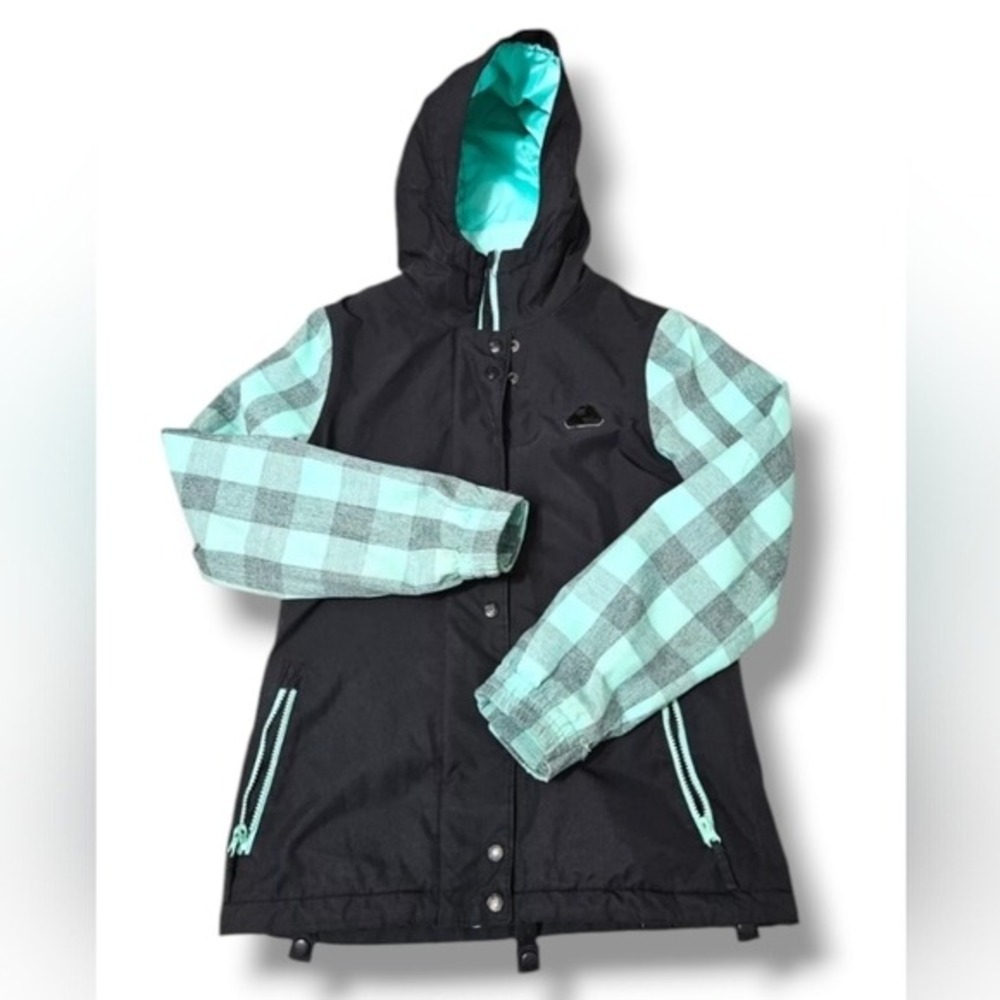 Aperture Womens S Snowboard Jacket Black Mint Green Plaid 10K Waterproof Hooded
